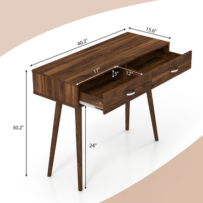 Writing Study Desk with Solid Rubber Wood Legs and Storage for Study Living Room Bedroom-Walnut