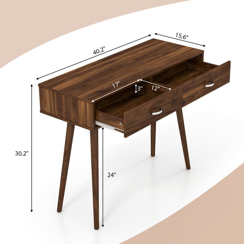 Writing Study Desk with Solid Rubber Wood Legs and Storage for Study Living Room Bedroom-Walnut