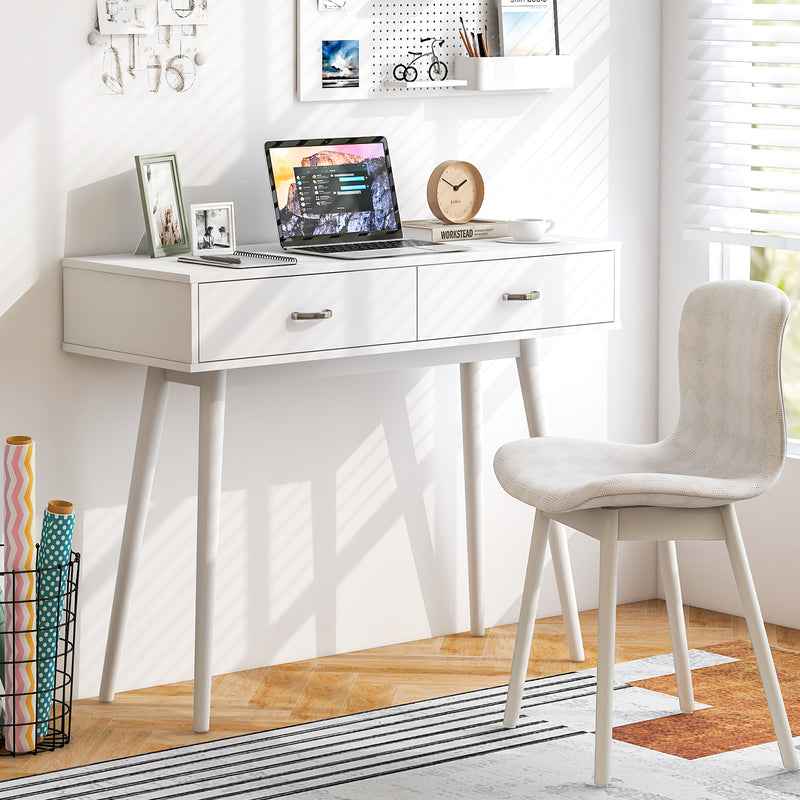 Writing Study Desk with Solid Rubber Wood Legs and Storage for Study Living Room Bedroom-White