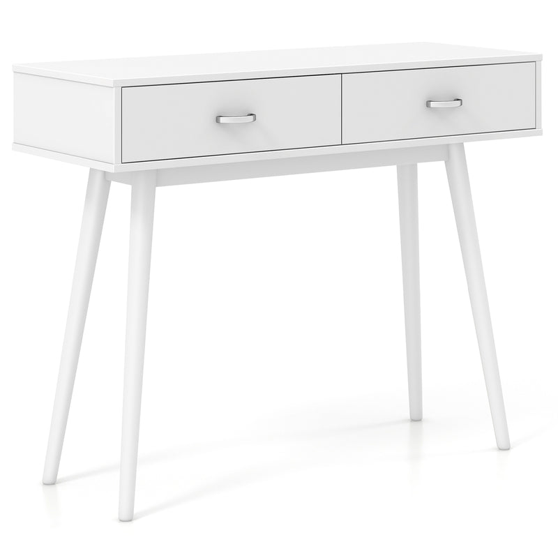 Writing Study Desk with Solid Rubber Wood Legs and Storage for Study Living Room Bedroom-White