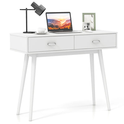 Writing Study Desk with Solid Rubber Wood Legs and Storage for Study Living Room Bedroom-White