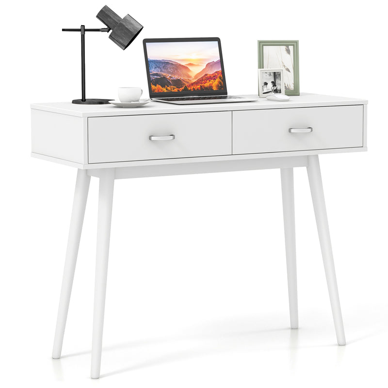 Writing Study Desk with Solid Rubber Wood Legs and Storage for Study Living Room Bedroom-White