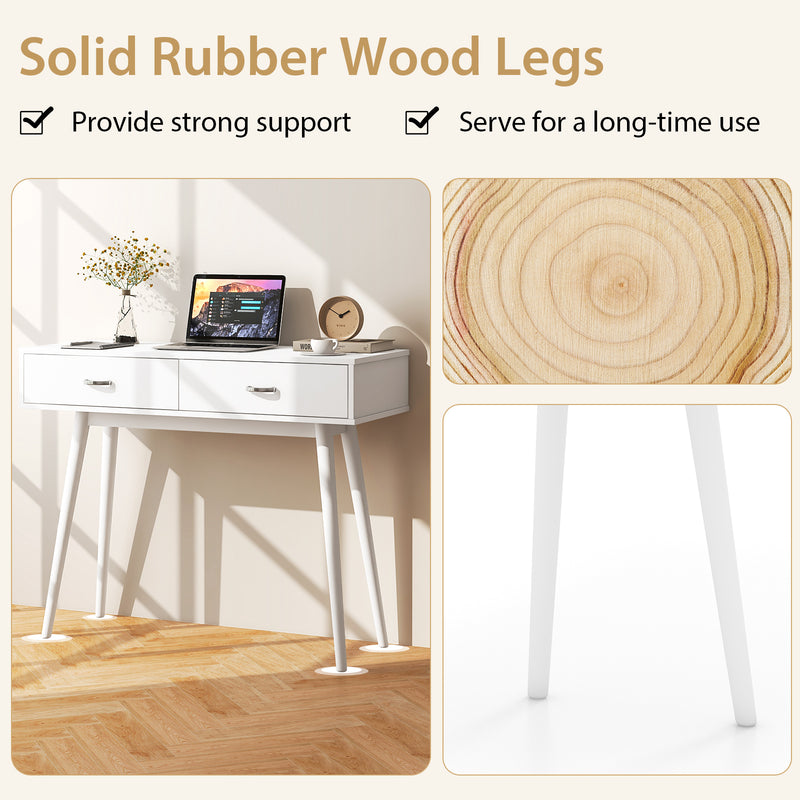 Writing Study Desk with Solid Rubber Wood Legs and Storage for Study Living Room Bedroom-White