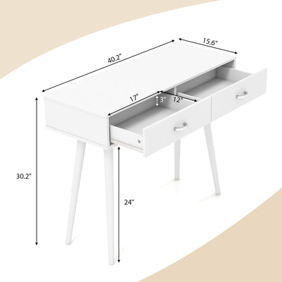 Writing Study Desk with Solid Rubber Wood Legs and Storage for Study Living Room Bedroom-White