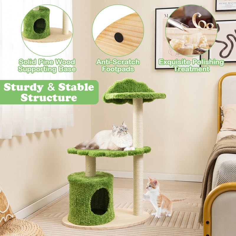 38 Inch Cute Cat Tree for Indoor Cats with Fully Wrapped Sisal Scratching Posts-Green