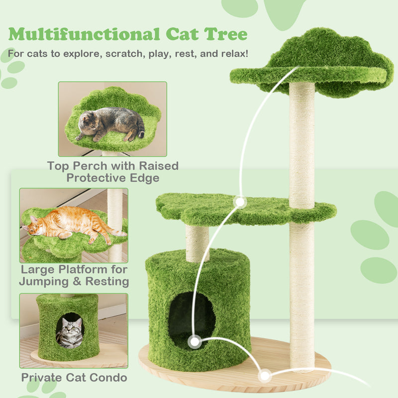 38 Inch Cute Cat Tree for Indoor Cats with Fully Wrapped Sisal Scratching Posts-Green