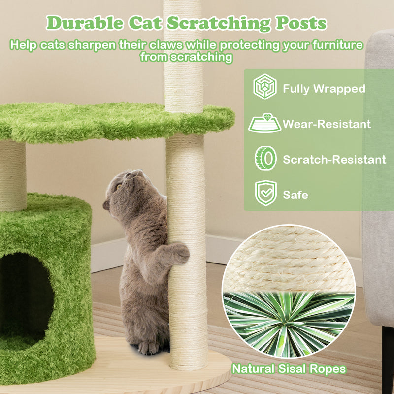 38 Inch Cute Cat Tree for Indoor Cats with Fully Wrapped Sisal Scratching Posts-Green