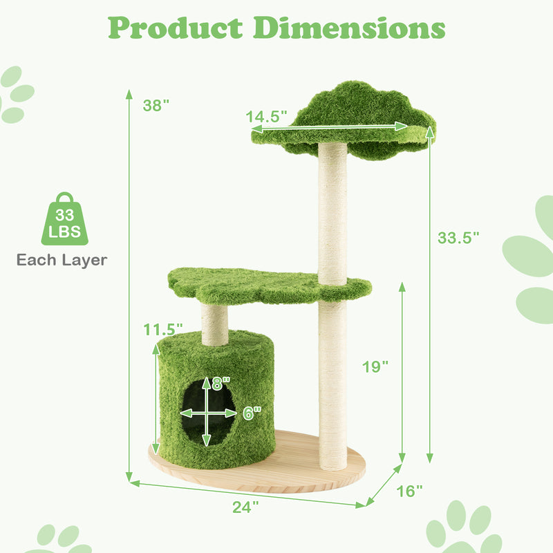 38 Inch Cute Cat Tree for Indoor Cats with Fully Wrapped Sisal Scratching Posts-Green