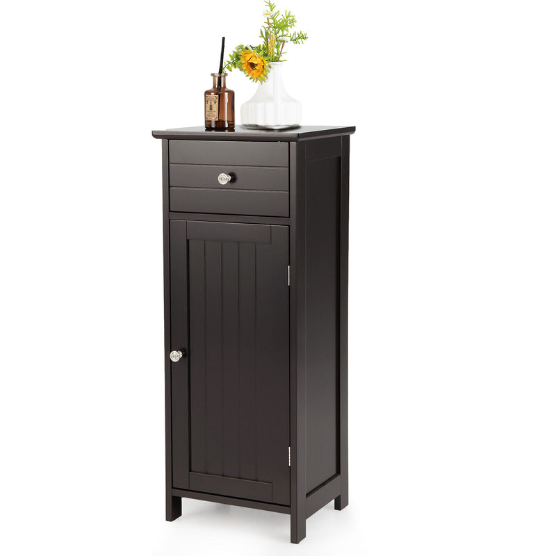 Wooden Bathroom Floor Storage Cabinet with Drawer and Shelf-Brown