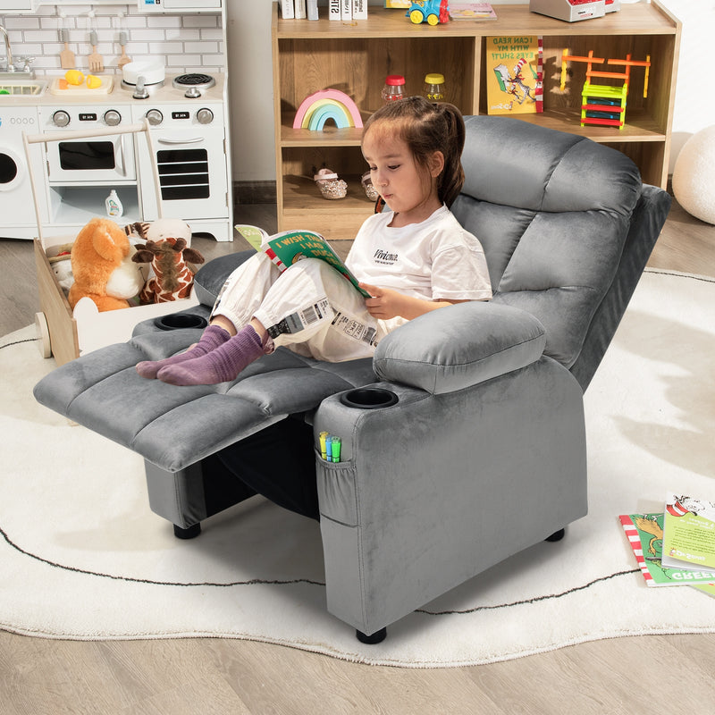 Kids Recliner Chair with Cup Holder and Footrest for Children-Light Gray