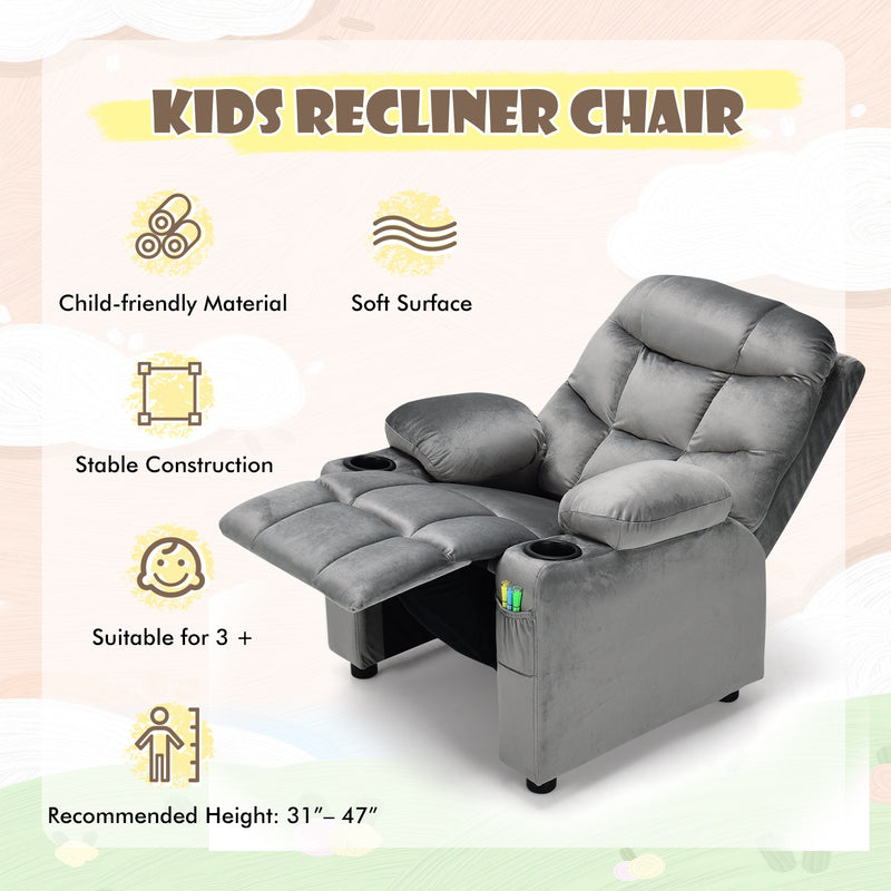 Kids Recliner Chair with Cup Holder and Footrest for Children-Light Gray