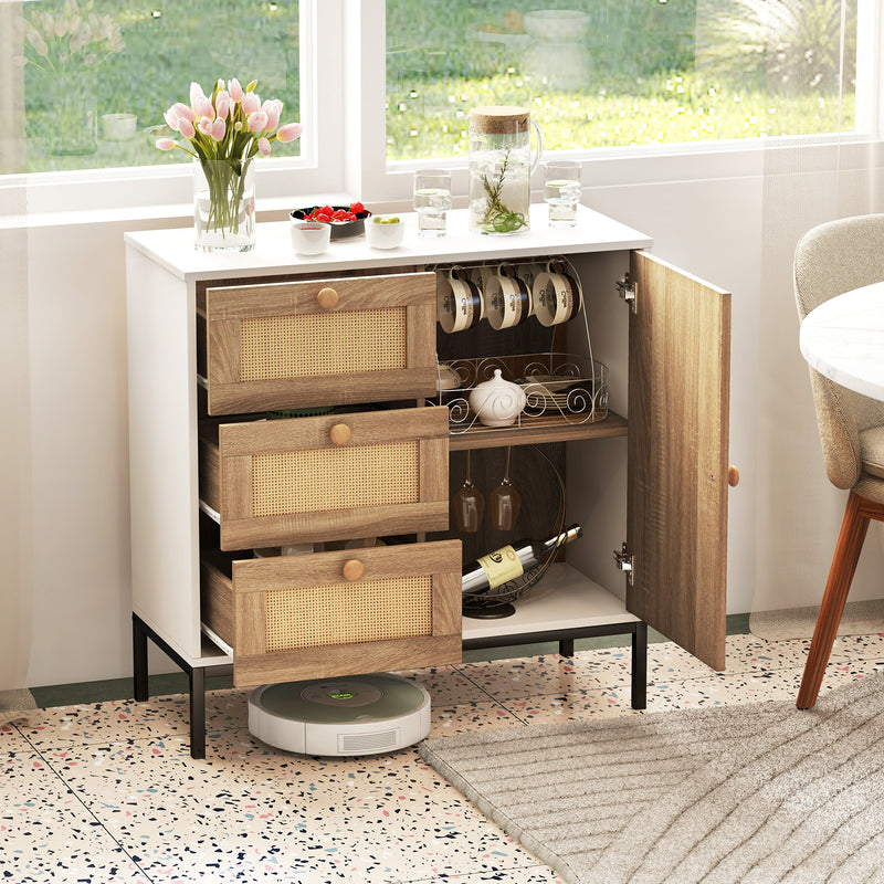 Rattan Sideboard Buffet Cabinet with 1 Door and 3 Drawers-White