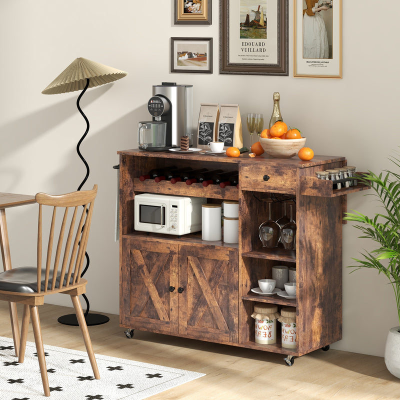 Rolling Kitchen Island Cart with Drop Leaf and Wine Rack-Rustic Brown