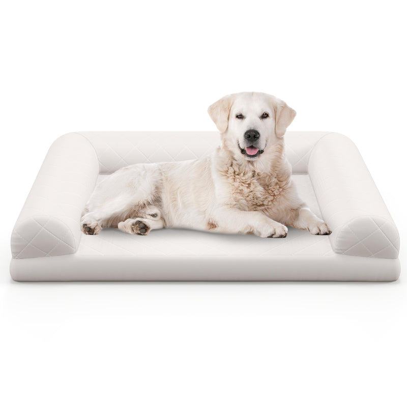 Egg-Foam Dog Crate Bed with 3-Side Bolster and Removable Washable Bed Cover-Beige