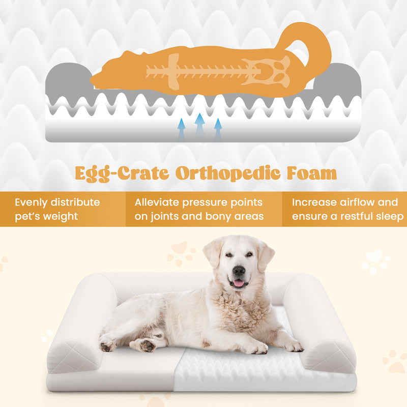 Egg-Foam Dog Crate Bed with 3-Side Bolster and Removable Washable Bed Cover-Beige