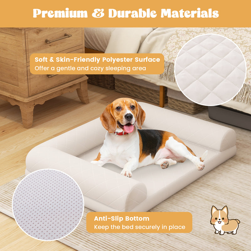 Egg-Foam Dog Crate Bed with 3-Side Bolster and Removable Washable Bed Cover-Beige