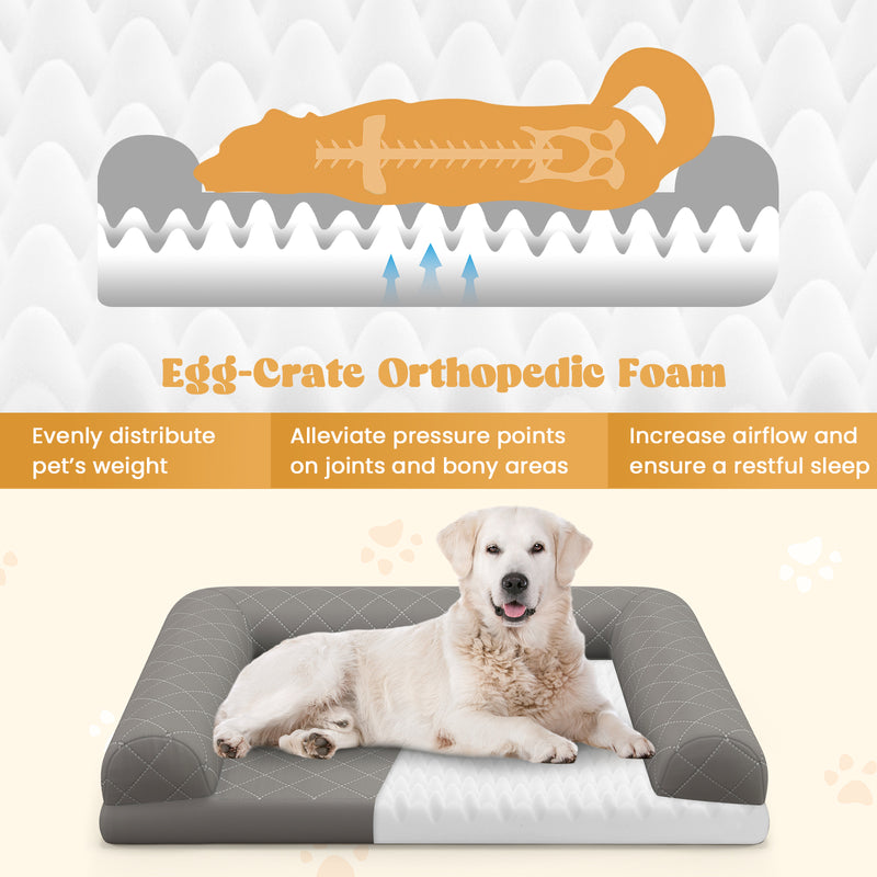 Egg-Foam Dog Crate Bed with 3-Side Bolster and Removable Washable Bed Cover-Gray