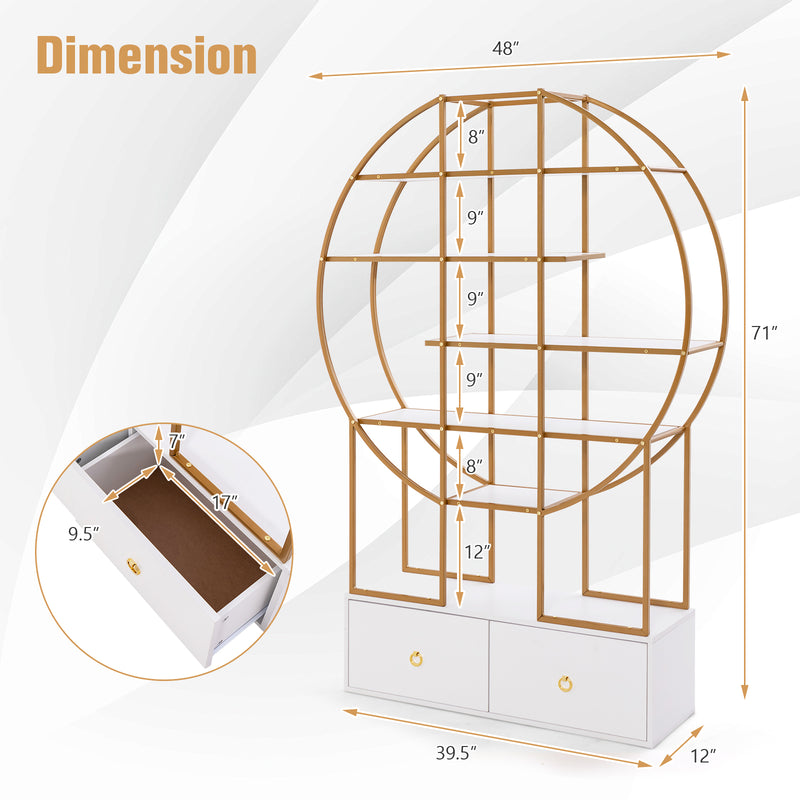 71 Inches 6-Tier Gold Bookshelf with 2 Storage Drawers-Golden