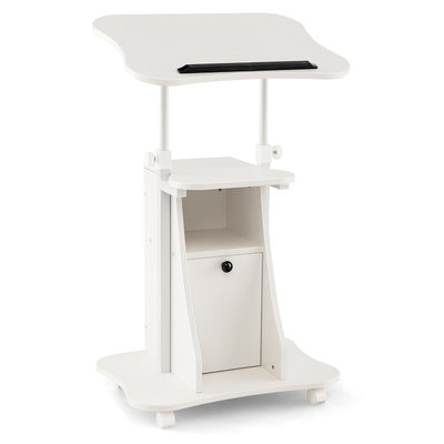 Adjustable Mobile Standing Desk Cart with Tilt Desktop and Cabinet-White