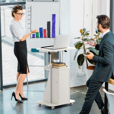 Adjustable Mobile Standing Desk Cart with Tilt Desktop and Cabinet-White