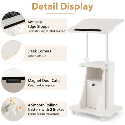 Adjustable Mobile Standing Desk Cart with Tilt Desktop and Cabinet-White