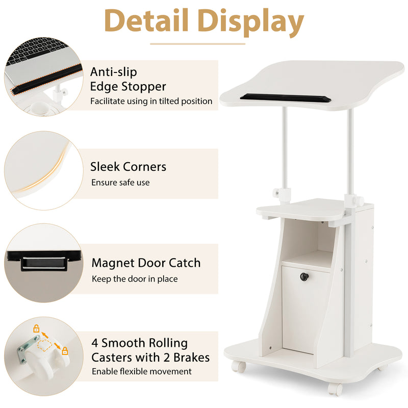 Adjustable Mobile Standing Desk Cart with Tilt Desktop and Cabinet-White