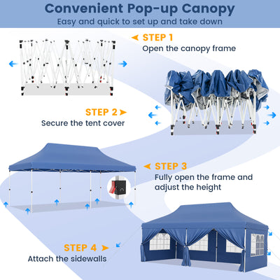 10 x 20 FT Pop up Canopy with 6 Sidewalls and Windows and Carrying Bag for Party Wedding Picnic-Blue