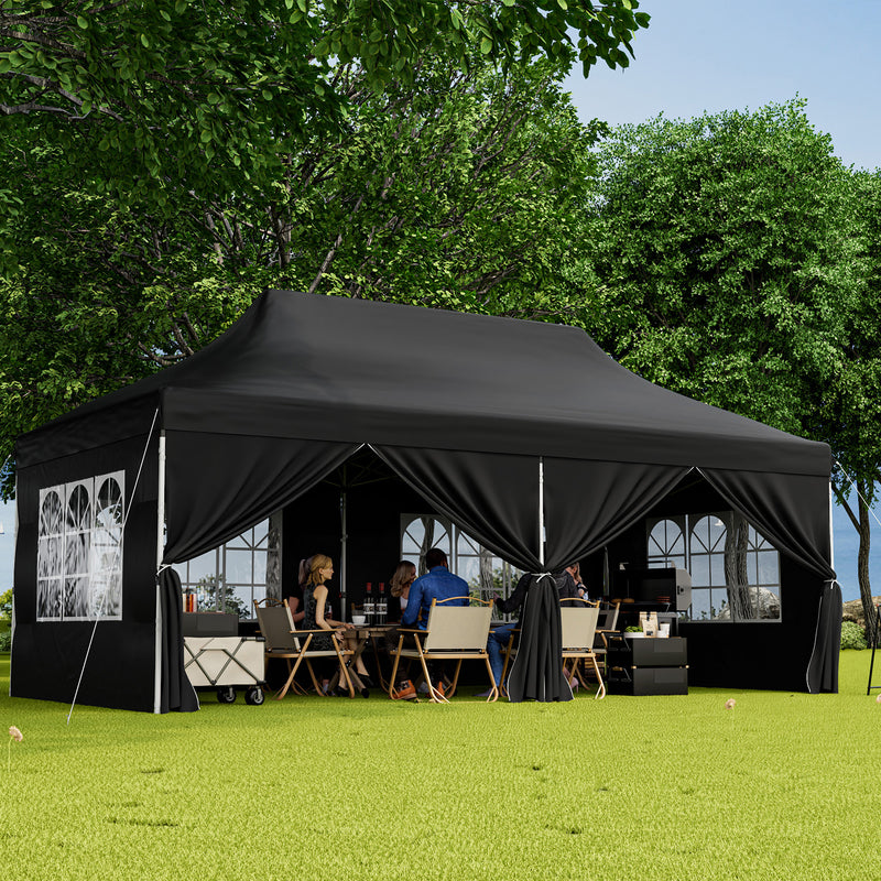 10 x 20 FT Pop up Canopy with 6 Sidewalls and Windows and Carrying Bag for Party Wedding Picnic-Black