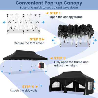 10 x 20 FT Pop up Canopy with 6 Sidewalls and Windows and Carrying Bag for Party Wedding Picnic-Black