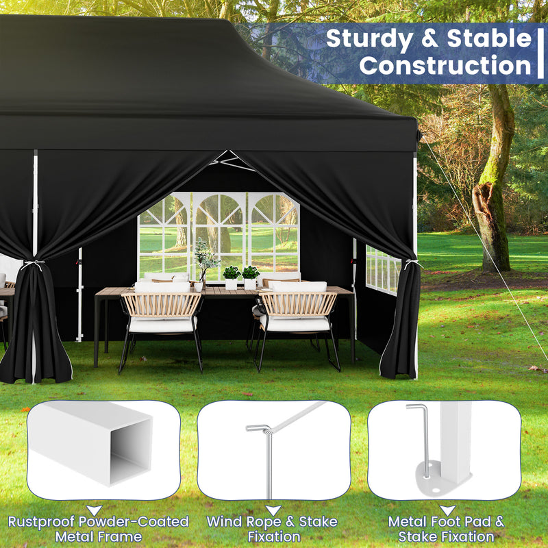 10 x 20 FT Pop up Canopy with 6 Sidewalls and Windows and Carrying Bag for Party Wedding Picnic-Black