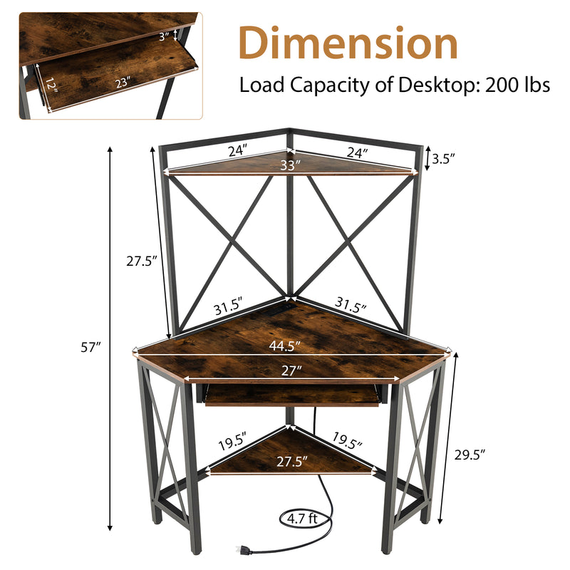 Space-Saving Corner Computer Desk with with Hutch and Keyboard Tray-Rustic Brown