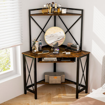 Space-Saving Corner Computer Desk with with Hutch and Keyboard Tray-Rustic Brown