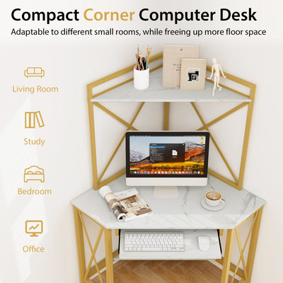 Space-Saving Corner Computer Desk with with Hutch and Keyboard Tray-White