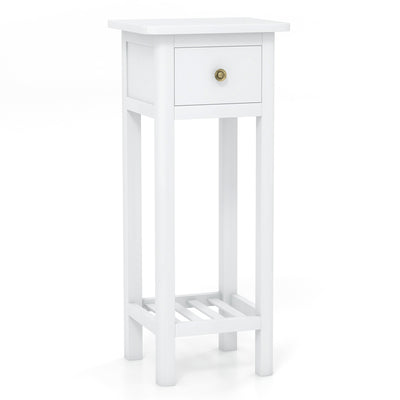 2 Tier Slim Nightstand Bedside Table with Drawer Shelf-White