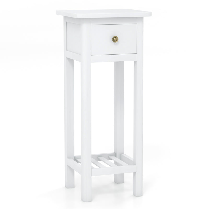 2 Tier Slim Nightstand Bedside Table with Drawer Shelf-White