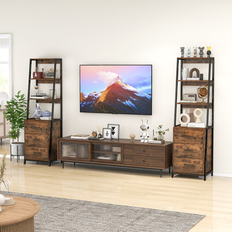 Multifunctional Tall Bookcase with Open Shelves and Storage Drawers-Rustic Brown