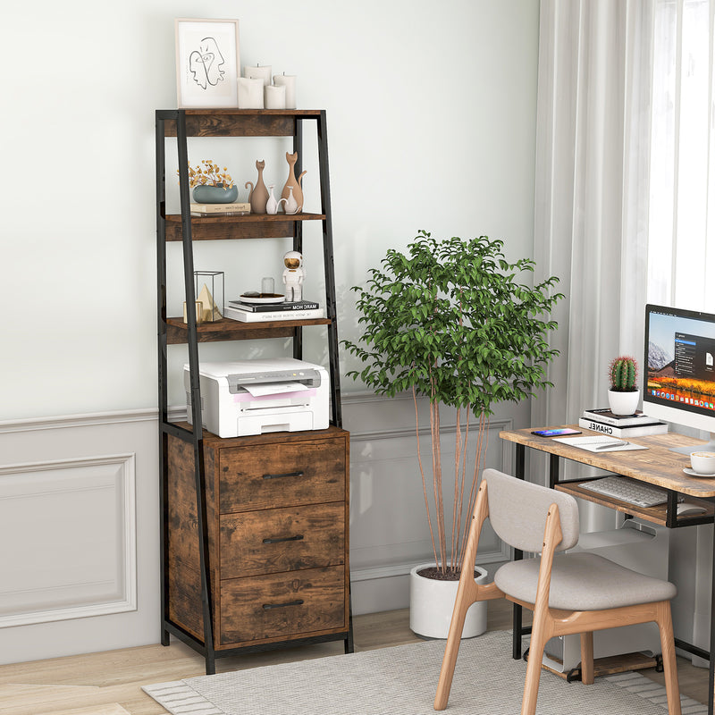 Multifunctional Tall Bookcase with Open Shelves and Storage Drawers-Rustic Brown