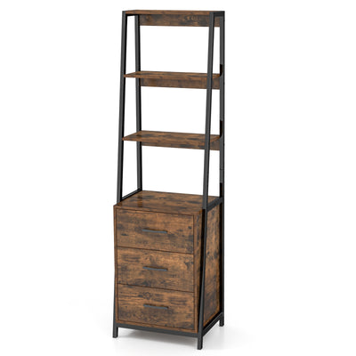 Multifunctional Tall Bookcase with Open Shelves and Storage Drawers-Rustic Brown