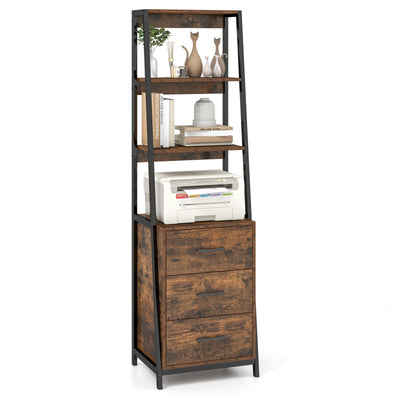 Multifunctional Tall Bookcase with Open Shelves and Storage Drawers-Rustic Brown