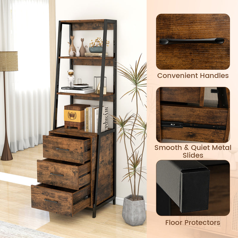 Multifunctional Tall Bookcase with Open Shelves and Storage Drawers-Rustic Brown