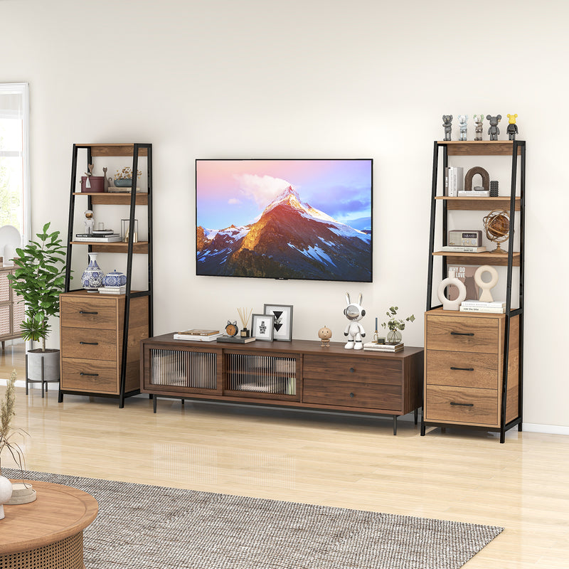 Multifunctional Tall Bookcase with Open Shelves and Storage Drawers-Natural