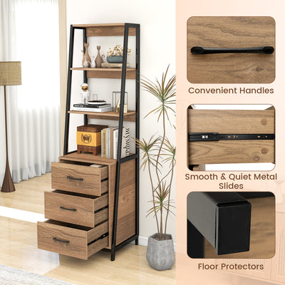 Multifunctional Tall Bookcase with Open Shelves and Storage Drawers-Natural