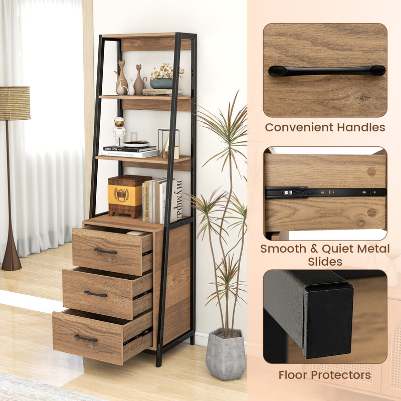 Multifunctional Tall Bookcase with Open Shelves and Storage Drawers-Natural