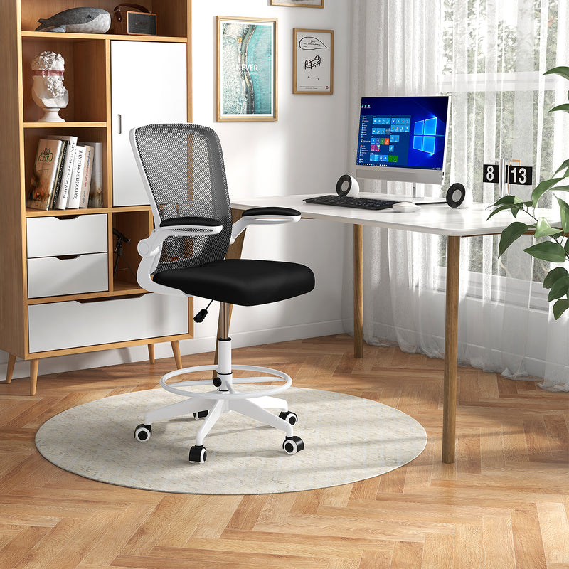 Height Adjustable Drafting Chair with Flip Up Arms for Home Office-White