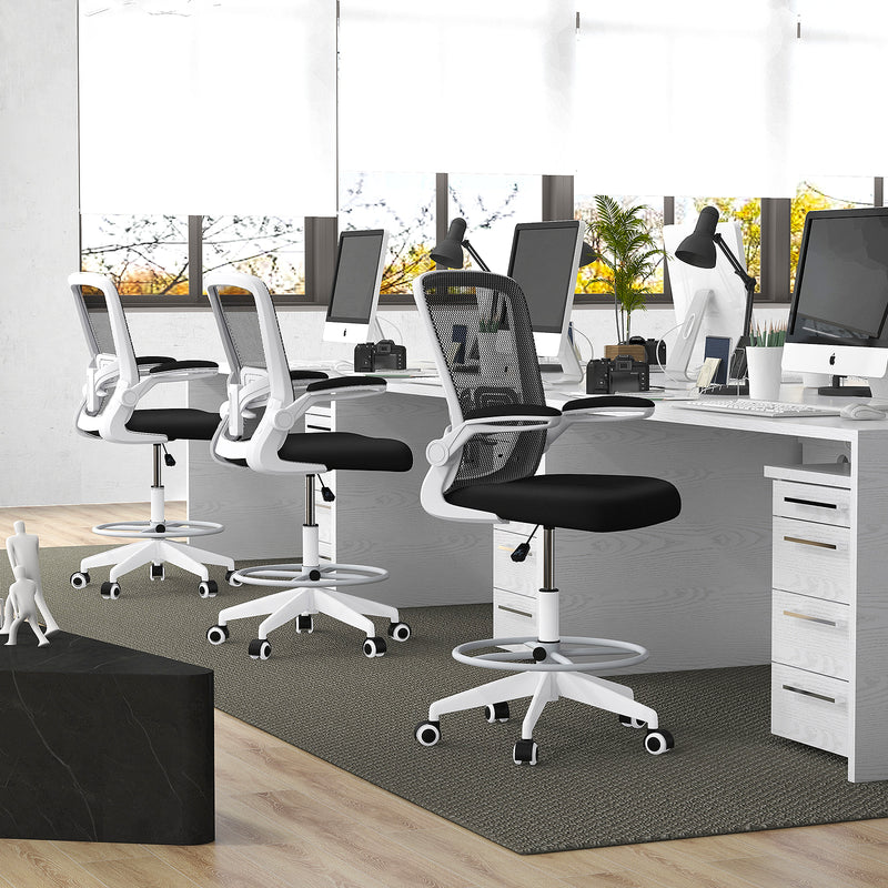 Height Adjustable Drafting Chair with Flip Up Arms for Home Office-White