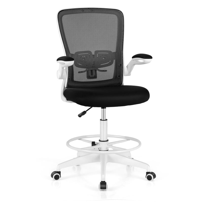 Height Adjustable Drafting Chair with Flip Up Arms for Home Office-White