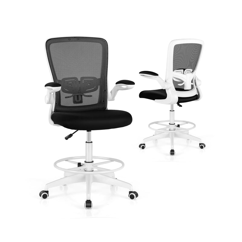 Height Adjustable Drafting Chair with Flip Up Arms for Home Office-White