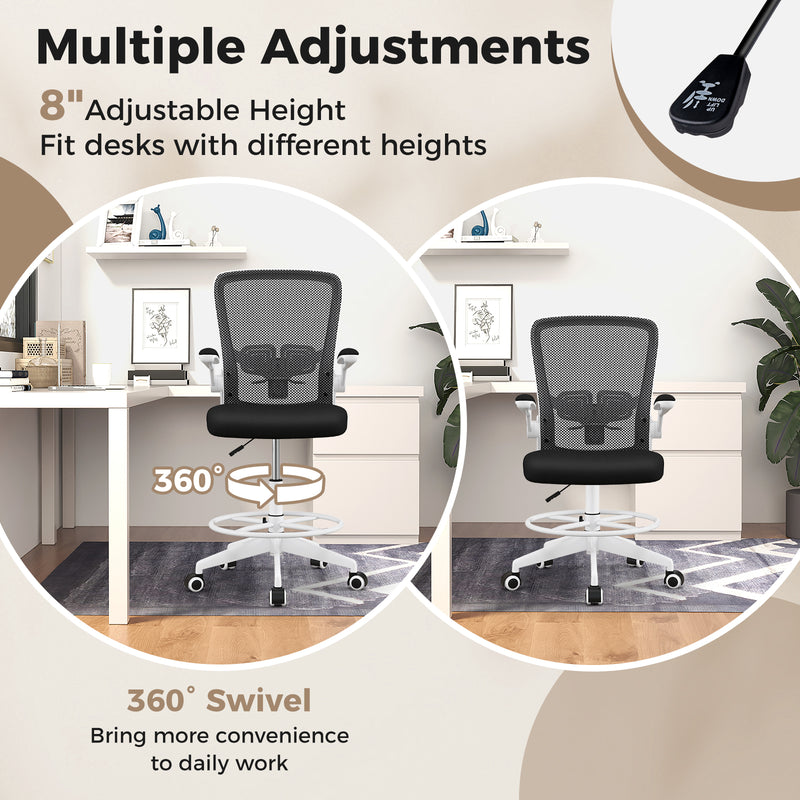 Height Adjustable Drafting Chair with Flip Up Arms for Home Office-White