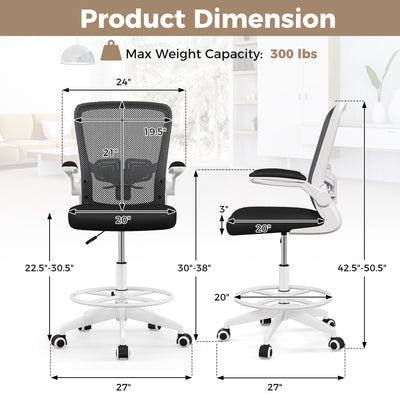 Height Adjustable Drafting Chair with Flip Up Arms for Home Office-White