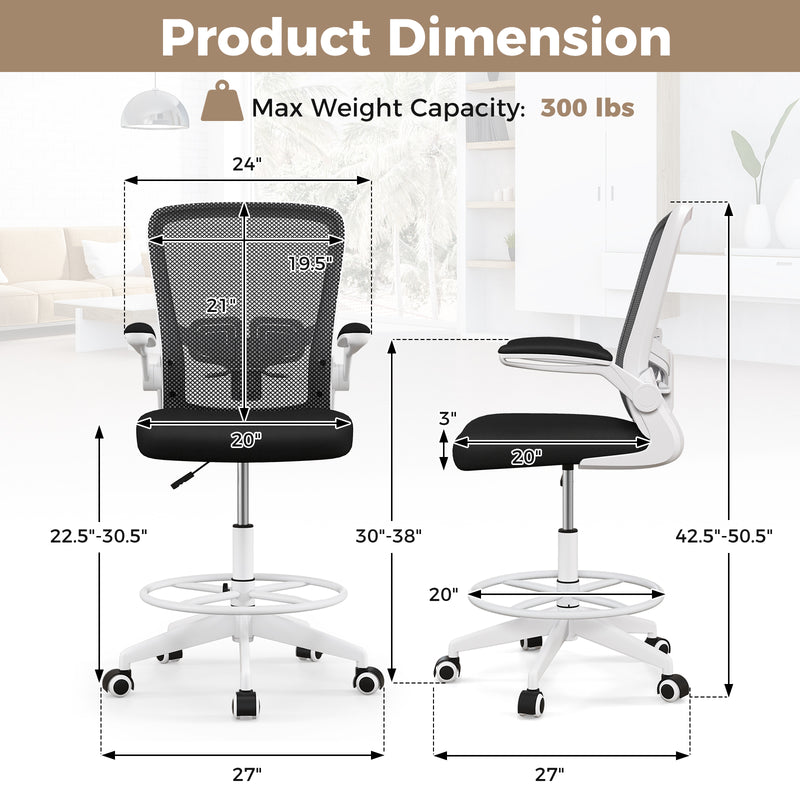 Height Adjustable Drafting Chair with Flip Up Arms for Home Office-White